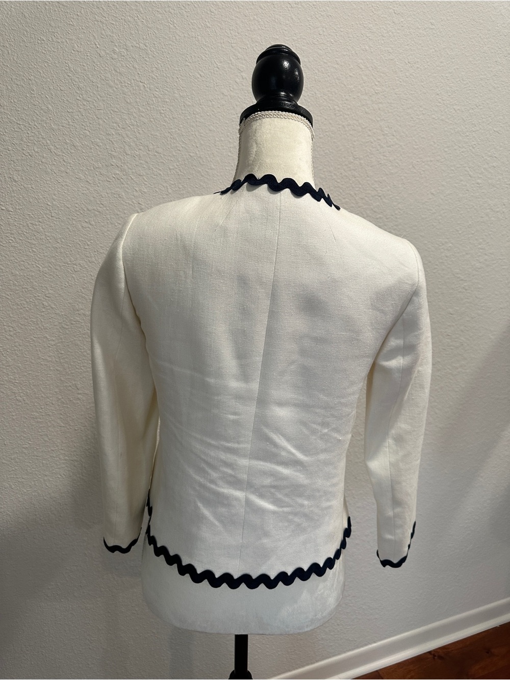 Women's White Cropped Jacket with Navy Trim - Classic Button Front - Picture 3 of 6